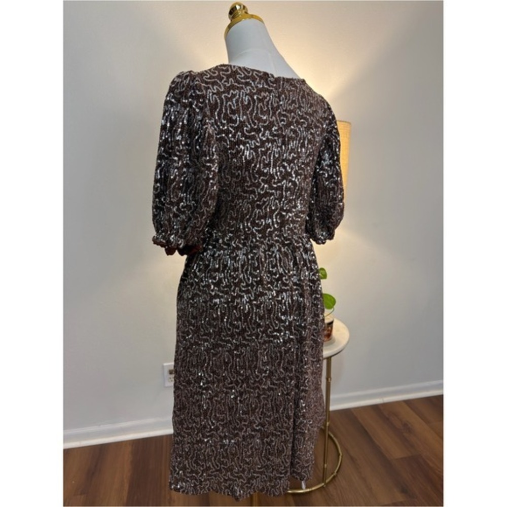 Moon River Brown Sequin Square Neck Puff Sleeve Knee Length Dress Small - Picture 5 of 9